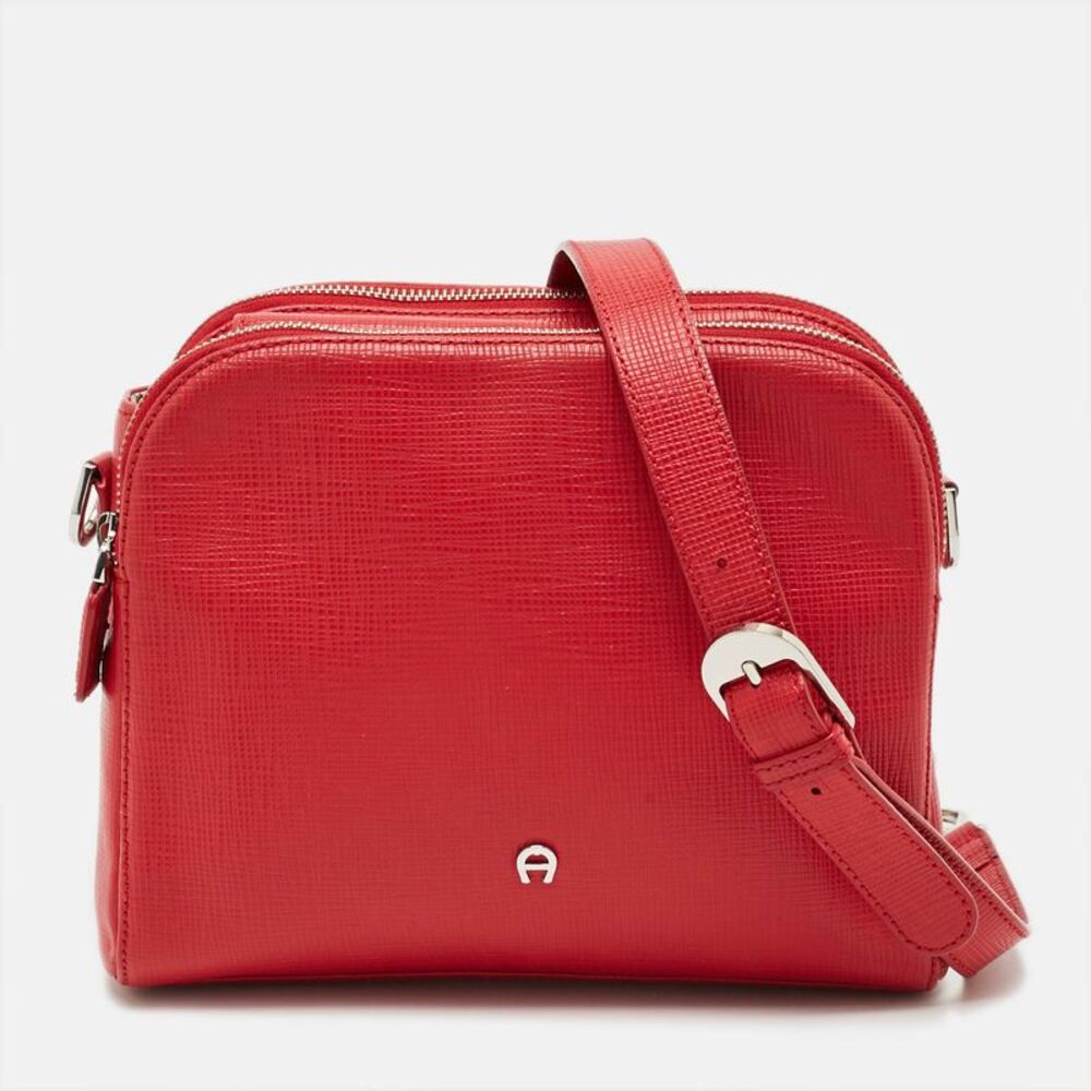 Aigner Double Zip Red Leather Shoulder Bag
